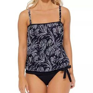 Island Escape Black White Tankini Swim Top Waist Minimizer Adjustable Straps 10